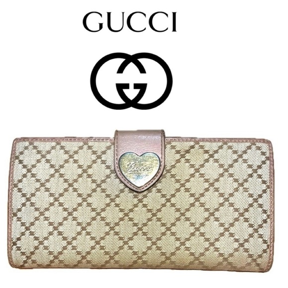 Gucci Diamante Heart Canvas Long Wallet, Brown/Pink Beige Leather - Picture 1 of 15